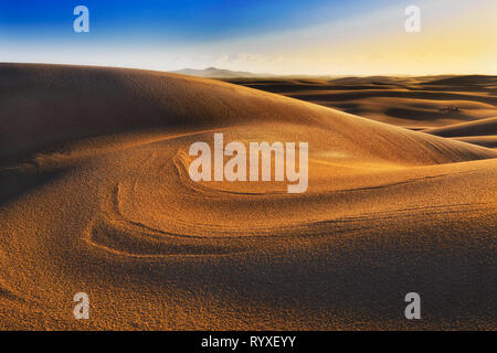 Sun superficie illuminata di dune di sabbia di sunrise con il paesaggio incontaminato e la superficie del deserto sulla costa del Pacifico in Australia in Stockton Beach. Foto Stock