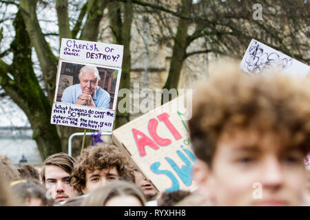 Bristol, Regno Unito. Il 15 marzo, 2019. Bristol studenti del college e scuola bambini che portano il cambiamento climatico cartelli e segni sono illustrati in quanto essi protestare fuori Bristol City Hall. Gli alunni che hanno anche fatto sciopero il mese scorso ha camminato fuori della scuola ancora oggi come parte di una coordinata a livello nazionale lo sciopero per azione di forza sulla politica in materia di cambiamento climatico. Gli organizzatori del Regno Unito sciopero della gioventù 4 movimento del clima di dire che gli allievi provenienti da più di 100 paesi e città di tutto il Regno Unito dovrà saltare le classi di oggi e saranno invece la protesta contro il cambiamento climatico. Credito: Lynchpics/Alamy Live News Foto Stock