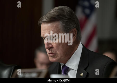 Washington, Distretto di Columbia, Stati Uniti d'America. Xiv Mar, 2019. Il senatore David Perdue (R-GA) a un Senato Comitato delle Forze Armate Audizione del Dipartimento della Difesa Bilancio credito postura: Douglas Christian/ZUMA filo/Alamy Live News Foto Stock