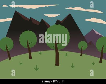 Bosco su colline con grandi montagne e il cielo.verde dei prati con tre montagne sullo sfondo. Illustrazione Vettoriale
