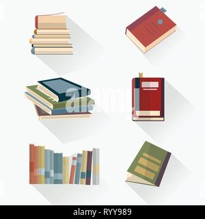 Set di libri in design piatto Stile simboli di apprendimento concetto.illustrazione vettoriale. Illustrazione Vettoriale