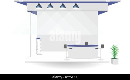 Grand stand display mock up isolato sfondo bianco design. Blank trade exhibition stand con albero in vaso .Booth in mostra Illustrazione Vettoriale