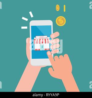 Mani fare clic per shopping icona sullo smartphone con pop up dollar monete illustrazione vettoriale .Mobile business online il concetto di shopping Illustrazione Vettoriale