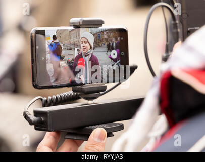 Stoccolma, Svezia - 15 febbraio 2019: 16-anno-vecchio attivista clima Greta Thunberg dimostrando al di fuori del parlamento svedese House (Riksdagshuset) Foto Stock