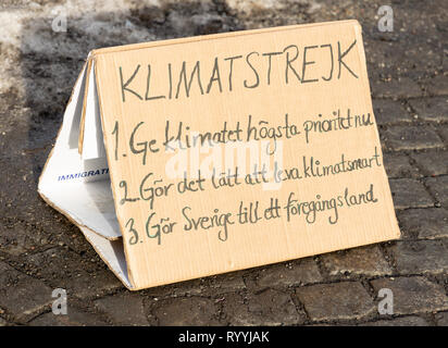 Stoccolma, Svezia - 15 febbraio 2019: clima di supporto degli attivisti16-anno-vecchio svedese Thunberg Greta chi protesta al di fuori del parlamento svedese Foto Stock