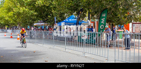 Ciclista racing nell'anello criterium estivo serie, road bike gare di Northbridge Marzo 2019, Perth WA Australia. Foto Stock