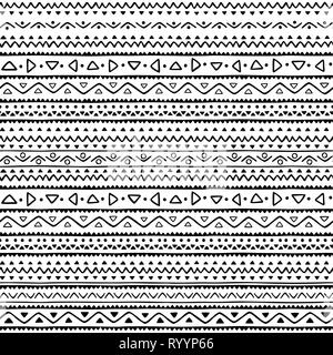 Astratta geometrica seamless pattern, moderno disegnato a mano stile di ispirazione etnica in bianco e nero Illustrazione Vettoriale