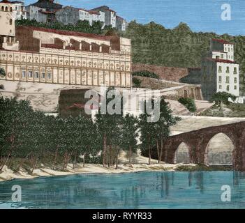 In Spagna, in Catalogna, provincia di Barcellona, Manresa. Grotta di Sant Ignazio di Loyola. Luogo di preghiera e di raccoglimento da sant Ignazio di Loyola nel 1522. Ha trascorso undici mesi di intensa spiritualità, dove scrisse 'Spiritual esercizi'. Incisione. Colorazione successiva. Episodio della cronica General de España-a, Historia Ilustrada y Descriptiva de sus Provincias. La Catalogna. 1866. Foto Stock