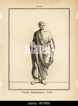 Statua di imperatore romano Claudio Tiberio Claudio Cesare Augusto Germanicus, 10BC - 54AD. Incisione su rame da Francois-Anne David dal Museo de Firenze, raccolta ou des Pierres Gravees, statue, Medailles, Chez F.A. David, Parigi, 1787. David (1741-1824) ha richiamato e inciso le illustrazioni sulla base di statue romane, pietre incise e medaglie nella collezione del Museo de Firenze e il Gabinetto delle curiosità del Granduca di Toscana. Foto Stock