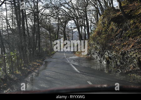 Il Trossachs, UK. Il 15 marzo 2019. Conseguenze della tempesta Hannah - Scene di Loch Achray nel Trossachs vicino alla città di Callander. I campi, le recinzioni e gli alberi o sotto l'acqua, o parzialmente sommerso. Il terreno fangoso è saturato con acqua. Il livello delle acque del lago è quasi fino a lato strada al piano terra inferiore. Il fiume che scorre fuori del loch ha anche il suo burst banche e invaso parte del territorio della città di Callander a poche miglia di distanza. Credito: Colin Fisher/Alamy Live News Foto Stock