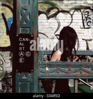 Una donna entra nel Canal Street Stazione della metropolitana nel quartiere di SoHo di Manhattan borough di New York City. Foto Stock