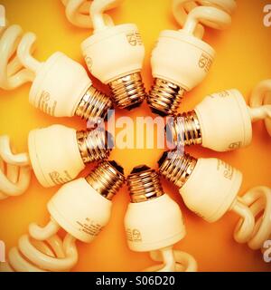 Compact lampadine fluorescenti disposte su uno sfondo giallo Foto Stock
