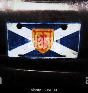 Bandiera della Nova Scotia è costituito da Scottish si intraversa (St. Andrews) bandiera con un scozzese leone rampante al centro. Questo è sulla parte anteriore di un'auto. Foto Stock