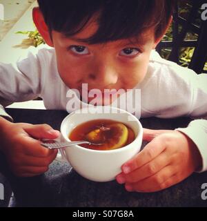 Bambino avente una tazza di tè al limone in una tazza Foto Stock