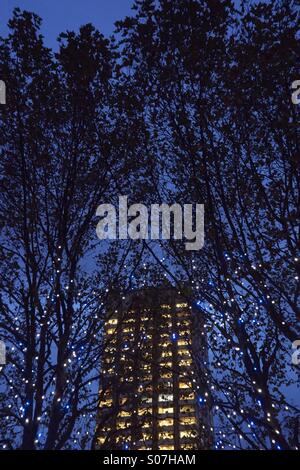 Edificio dietro gli alberi con luci al crepuscolo Foto Stock