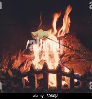 Marshmallows tostare su un fuoco di ceppo aperto a casa Foto Stock