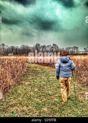 Un uomo che passeggia attraverso una zona umida per l'inverno (drammatico/hdr). Foto Stock