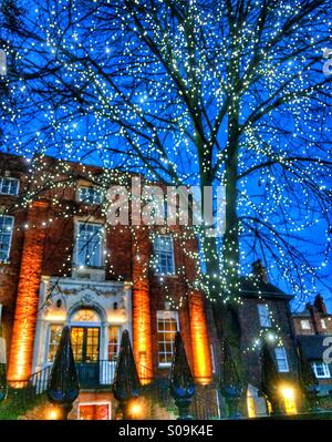 Le luci fairy su un albero al di fuori di un hotel Foto Stock