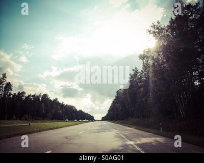 La guida su autostrada in Lettonia, bosco su entrambi i lati della strada, sun flare attraverso gli alberi Foto Stock