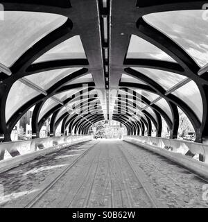 Versione monocromatica di una coperta di neve Calgary ponte di pace. Foto Stock