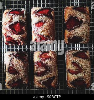 Piccole torte di forma rettangolare con le fragole violino sul vassoio da forno Foto Stock