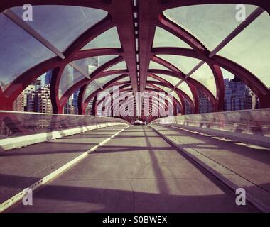 La Calgary ponte di pace, guardando verso il centro di Calgary. Alberta, Canada. Foto Stock