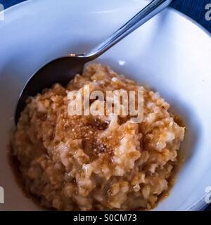 La prima colazione. Primo piano della farina d'avena caldi conditi con maple lo zucchero e la cannella in una ciotola bianco. Foto Stock