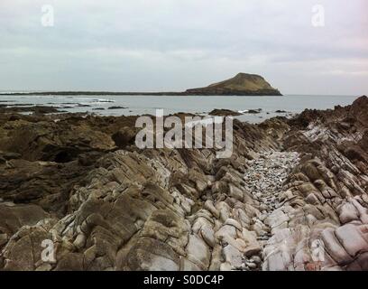 Frastagliate causeway che conducono alla vite senza fine la testa, Gower Foto Stock