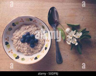 Ciotola di porridge con mirtilli Foto Stock