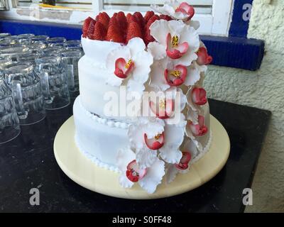 Tutti naturali della torta con fragola topping e fondente a mano decorazioni di fiori Foto Stock