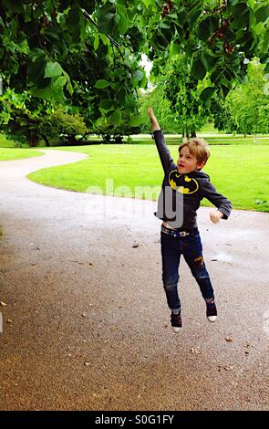 Ragazzo saltando a toccare foglie su un albero. Foto Stock