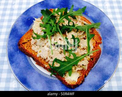 Tonno sandwich con Wild Rocket su sun pomodoro secco il pane fatto in casa Foto Stock