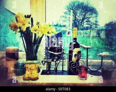 Un davanzale della finestra con il giardino esterno oltre. Foto Stock