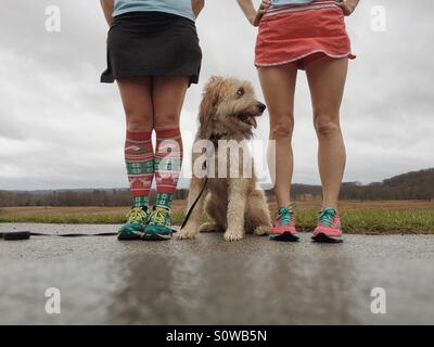 Due runner ragazze e di un soffice mutt Foto Stock
