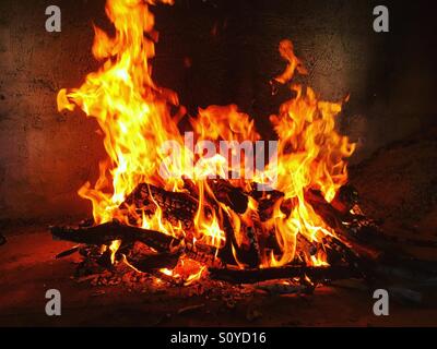 Fuoco che arde nel caminetto interno Foto Stock