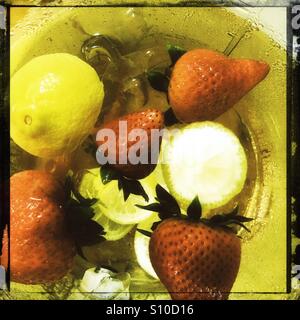 Guardando verso il basso in una brocca di acqua ghiacciata con fragole e limoni Foto Stock