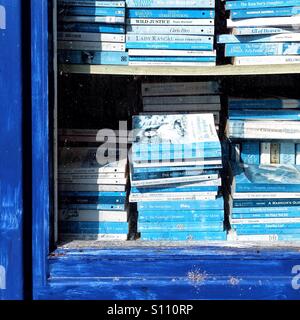 Seconhand bookshop finestra piena di blu spined libri Foto Stock