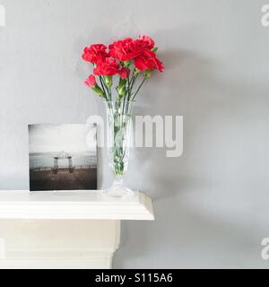 Garofani rossi in un vaso e una stampa su un mantelpiece Foto Stock