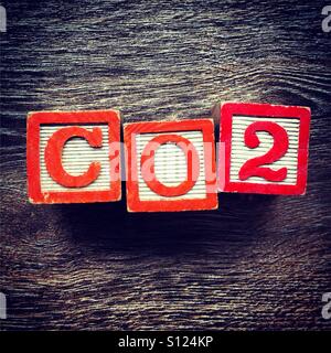 CO2 abbreviazione parola scritta con il blocchetto di legno lettera dei giocattoli Foto Stock