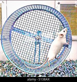 Un arte digitale immagine di un ratto bianco in esecuzione in una ruota Foto Stock