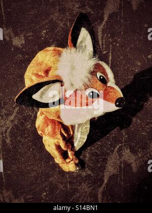 Una vista in pianta di un piccolo bambino che indossa un abito di fantasia FOX outfit/costume. Il bambino non può essere identificato. Vestirsi è tutto parte di avere una mente attivo durante l'infanzia. Foto © COLIN HOSKINS. Foto Stock