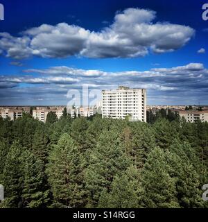 Vista aerea di Prypiat città fantasma nella centrale nucleare di Cernobyl Zona di alienazione, Ucraina Foto Stock