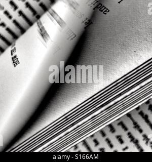 Un libro aperto con la pagina girando in bianco e nero Foto Stock
