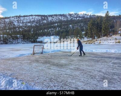 Ragazzo adolescente riproduzione di hockey su ghiaccio su un lago ghiacciato in una fredda giornata invernale. Foto Stock