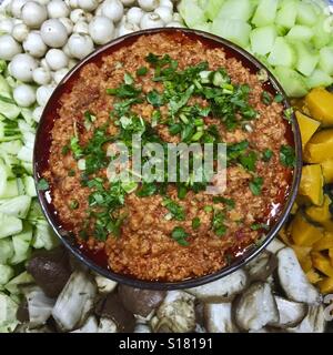 Nam Prik Ongs caratteristiche curry rosso come pure il pomodoro, carne macinata di maiale e coriandolo , Chiang Mai provincia nel nord della Thailandia Foto Stock