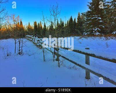 Coperta di neve recinto, pesce Creek Park, Calgary, Foto Stock