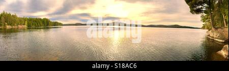 Linee di polline su affioramenti di roccia al lago della foresta Foto Stock