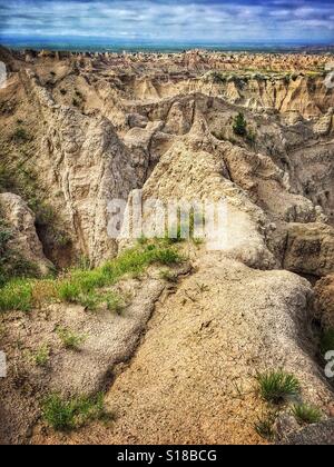 Rilievi erosi paesaggio a conata basin guardano al Parco nazionale Badlands, Dakota del Sud, Stati Uniti d'America Foto Stock