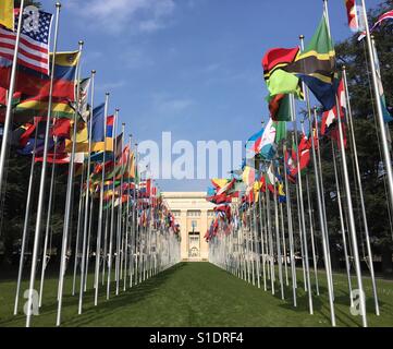 Una linea di bandiere di fronte alla sede delle Nazioni Unite a Ginevra, Svizzera. Foto Stock