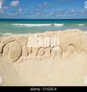 Aloha sulla sabbia, Kailua Beach, Oahu, Hawaii, STATI UNITI D'AMERICA Foto Stock